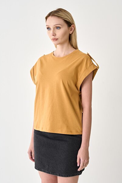 odelon Women's Epaulet 100% Cotton Mustard T-Shirt