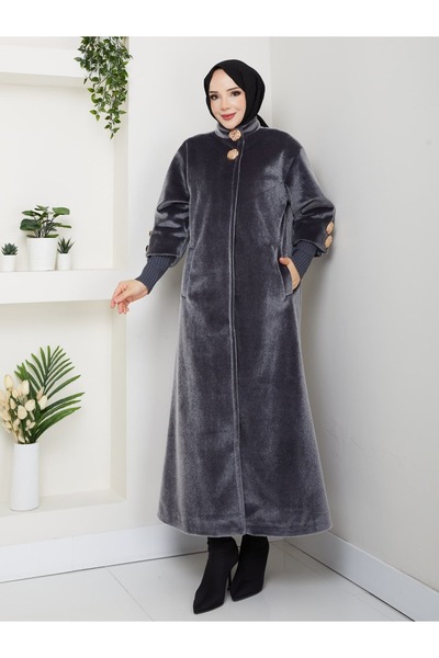 KMKkombin Stand-Up Collar, Ribbed at the Hem, Gold Button Detail, Fok Fabric, Stylish Coat/Jacket