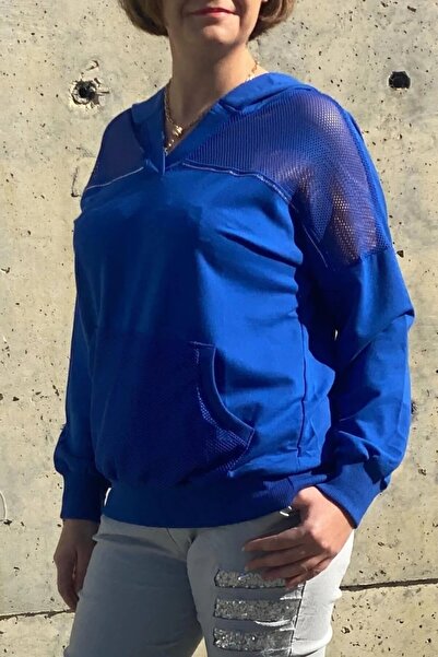 Mia Butik Women's Saks Blue Mesh Detailed Blouse