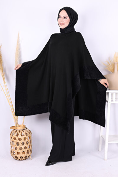 Bym Fashion Poncho cu detalii din blană 9206 Negru