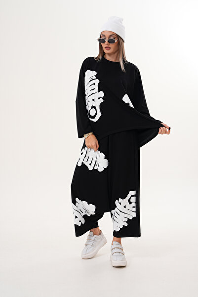 AYASOFYA OTANTIK Women's Navy Blue Printed Oversized Loose Blouse and Elastic...