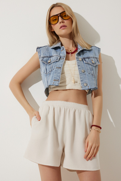 Lovelyİstanbul Cepli Keten Viskon Günlük Şort LBH0015 KREM