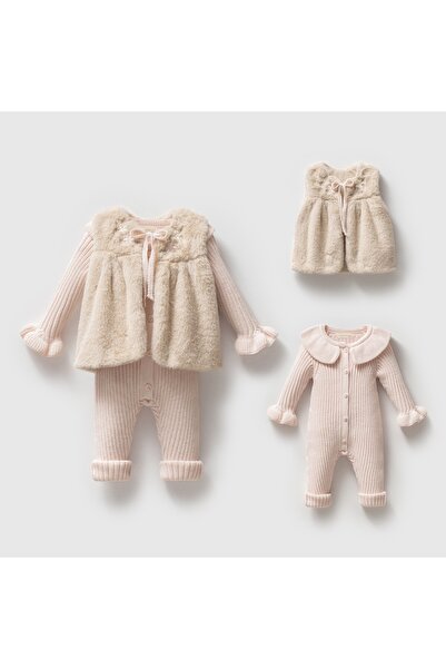 Momercy Emilia Knitwear Baby Girl Romper and Fur Vest Set