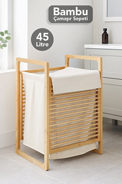 Meleni Home 45 Lt Bambu Çamaşır Sepeti - Dekoratif Natural Yıkanabilir İç Haz...
