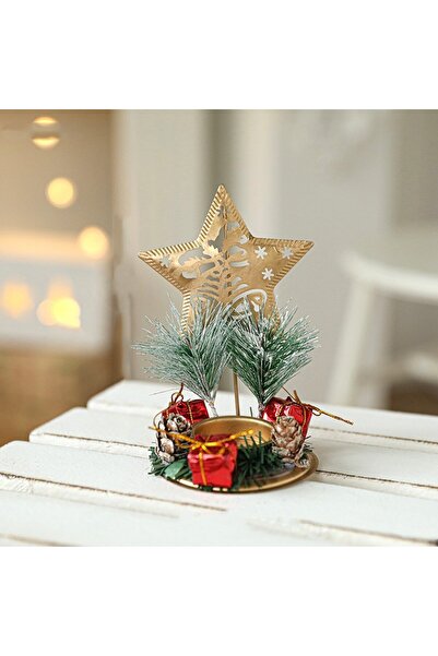 Flippy Decorative Christmas Candle Holder - Star with Bells and Pine Sprigs, Gold, 13 x 8.3 cm