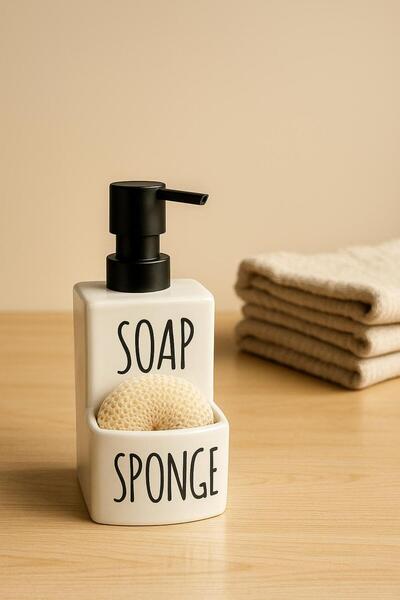 ALLEGRI Lüks Seramik Sıvı Sabunluk Süngerli Takım Mutfak Banyo Deterjan Tezga...