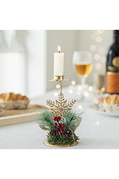 Flippy Decorative Christmas Candle Holder - Gold Snowflake with Pine Sprigs, 15 x 8 cm