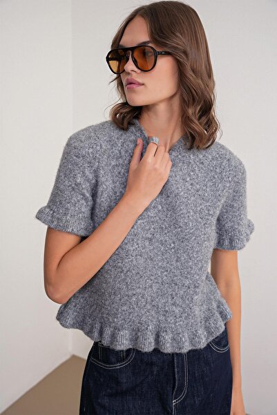 Mixray 6974 Γυναικείο πουλόβερ με βολάν από μαλλί με κοντό μανίκι Premium σκούρο γκρι