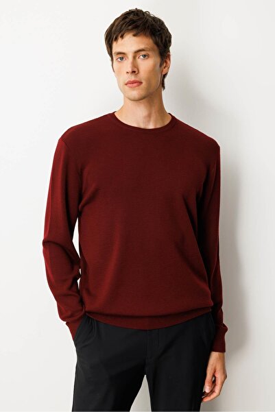 Desen Triko Men's Crew Neck Steel Knit Wool Sweater Burgundy