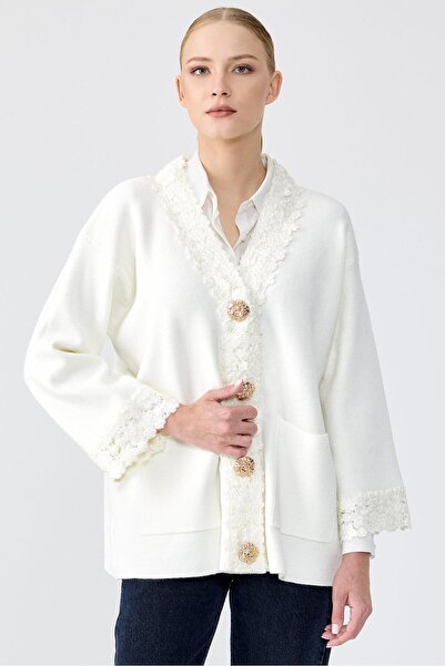 Genel Markalar Kol Ve Pat Detaylı Düğmeli Triko Hırka EKRU