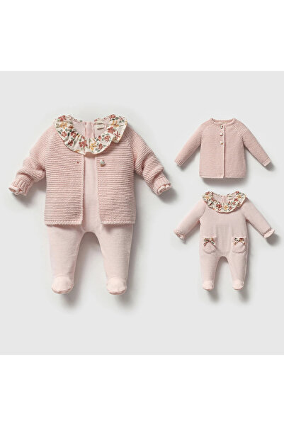 Momercy Floral Collar Velvet Baby Girl Romper and Knitwear Cardigan Set