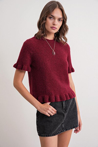 Mixray 6974 Γυναικείο Πουλόβερ Premium με Κοντά Μανίκια και Βολάν από Μαλλί, Μπορντό