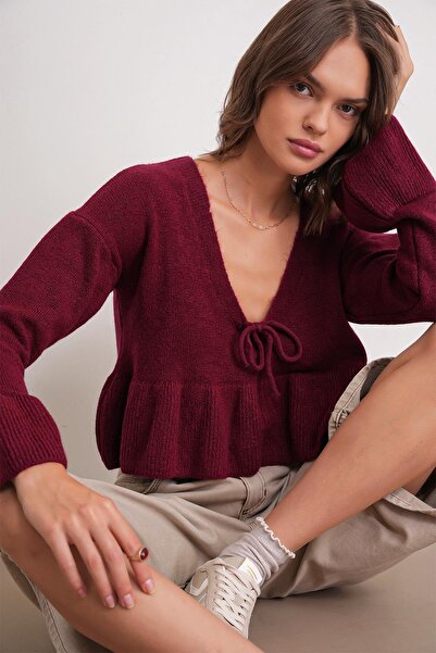 Mixray 6955 Women's Ruffled Knit Sweater Burgundy