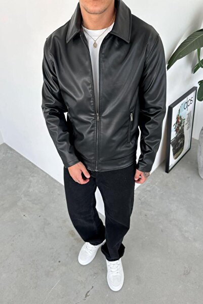 HAFKAGİYİM Чорна шкіряна куртка на блискавці