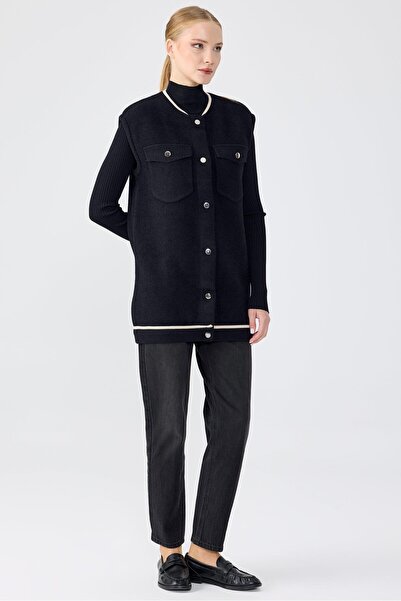 Tığ Triko Cep Detaylı Triko Yelek SİYAH