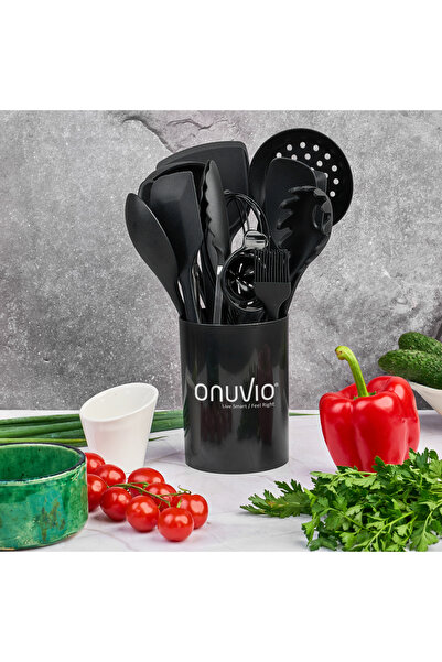 Onuvio Σετ 15 σκευών κουζίνας από σιλικόνη υψηλής ποιότητας, κατάλληλο για τρόφιμα, 920g, με βάση - Μαύρο