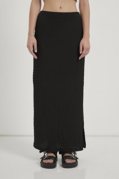 Arma Life Women's Elastic Waist Basic Slit Black Long Skirt