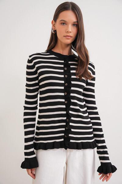 Mixray 6965 Women's Ruffle Detailed Striped Knitwear Cardigan Black