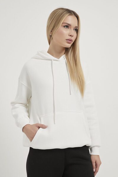 Arma Life Women's Kangaroo Pocket Hooded White Loose Sweatshirt