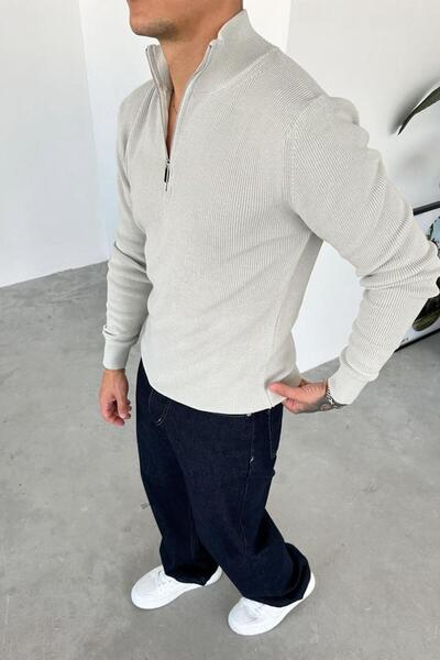 HAFKAGİYİM Gray Basic Ribbed Half-Zip Relaxed Sweater