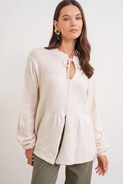 Mixray 6952 سترة نسائية محبوكة بتفاصيل أزرار وربطة عنق طبيعية