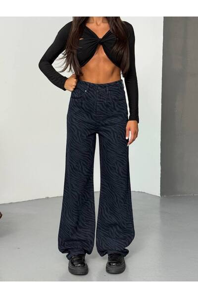 HerTon Siyah Zebra Desenli Geniş Paça Jean