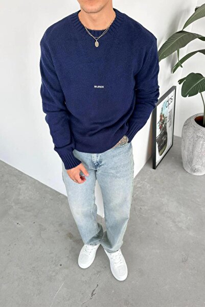 HAFKA Pulover moale și relaxat cu broderie Sılence albastru închis