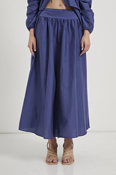 Arma Life Women's Side Zipper Pleated Navy Blue Loose Long Skirt