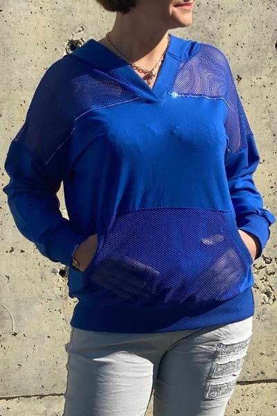 Mia Butik Women's Saks Blue Mesh Detailed Blouse