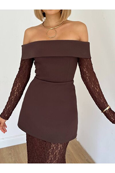 Miss Beyoğlu Kadın Dantel Abiye Elbise –Scuba Kumaş Omuz Açık, Uzun, Şık Gece & Davet Elbisesi – Yeni Sezon