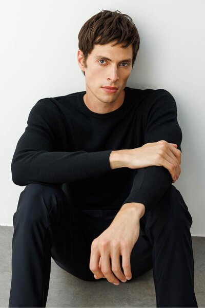 Desen Triko Men's Crew Neck Steel Knit Wool Sweater Black