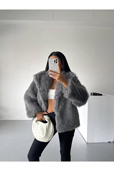 mafdress Women's Gray Shawl Collar Snap Button Fur Coat