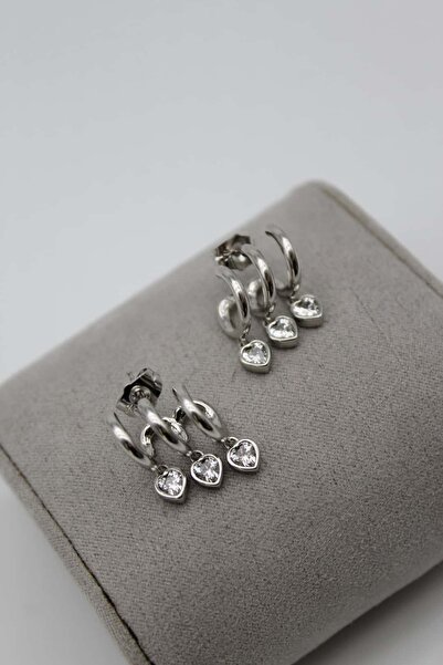 Nenya Vip Steel Triple Look Heart Detailed Hoop Earrings