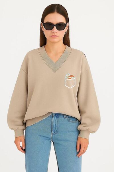 BENROMA سويت شيرت CEP PAPATYA مطبوع برقبة على شكل حرف V للجنسين