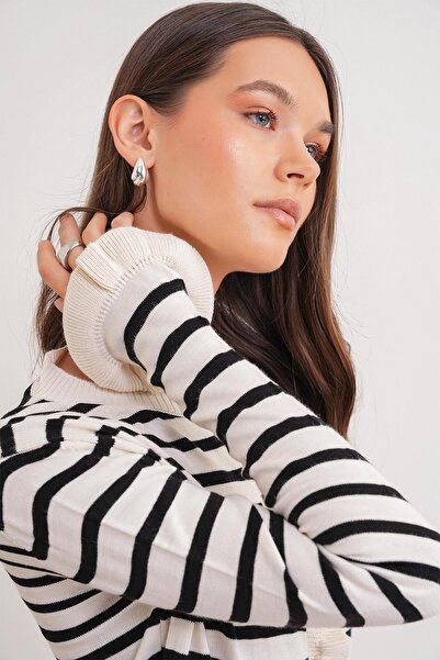 Mixray 6965 Γυναικεία Πλεκτή Ζακέτα με Ριγέ Λεπτομέρεια Φυσικό