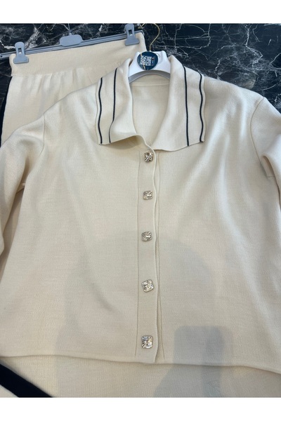 MY QILAM Women's Hijab Top and Bottom Set Striped Shirt Collar Cardigan with Skirt Knitwear Set Ecru