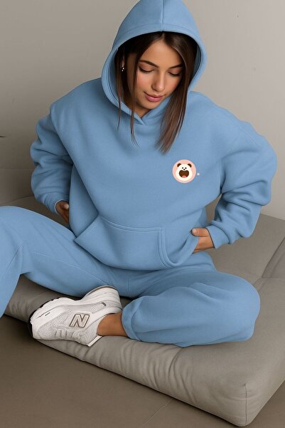 DM DOLCE MORE Hanorac unisex cu glugă, cu 3 fire, din bumbac pieptănat, cu imprimeu panda mic