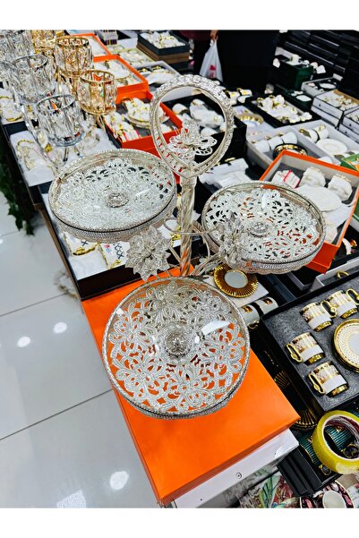 EVRA Metal Camlı 3,Lü Çerezlik el-32 Gümüş