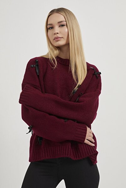 Arma Life Women's Ribbon Patterned Burgundy Oversize Knit Sweater