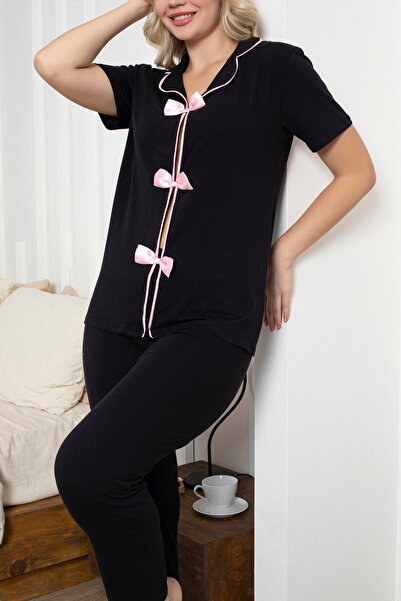 Lavint Homewear Kadın Pamuklu Likralı (%95 Pamuk %5Likra) Kurdele Fiyonk Desenli Rahat Kalıp Pijama Takımı