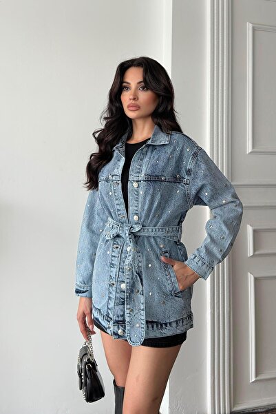 Serica Moda Jachetă din denim cu centură Ice Blue Drop Camo