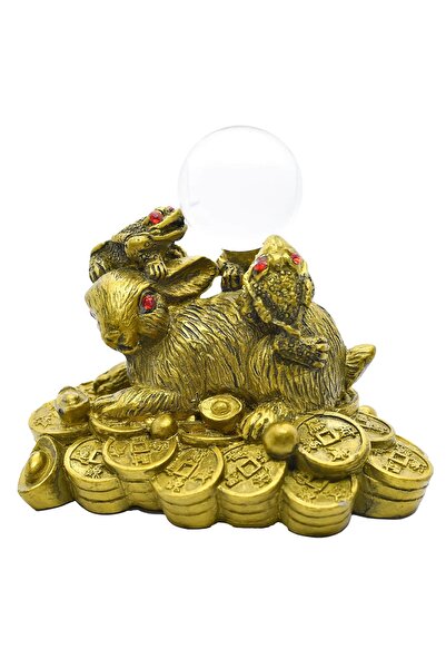 Feng Shui Iepure auriu pe monede cu trei broascute norocoase pe spate - model 1