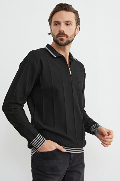 Fulla Moda Çizgili Polo Yaka Yarım Fermuarlı Triko Body