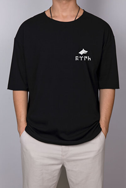 MODA Türk Bozkurt Göktürkçe Yazılı Baskılı 2 İp Siyah Tişört T-shirt Ant