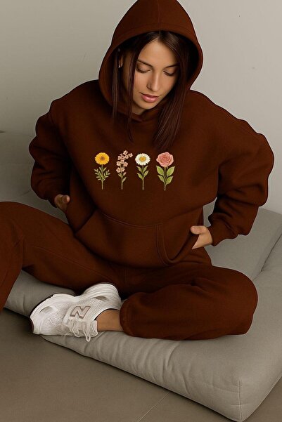 BENROMA 3 İPLİK PENYE ÇİÇEK BASKILI ÜNİSEX KAPÜŞONLU SWEAT