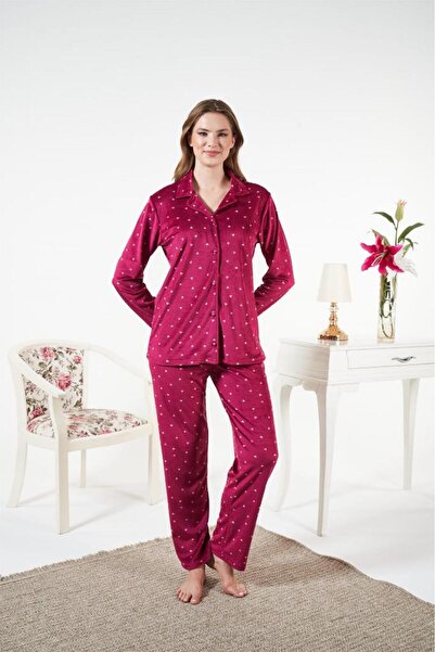 Estiva Polka Dot Buttoned Front Velvet Pajama Set