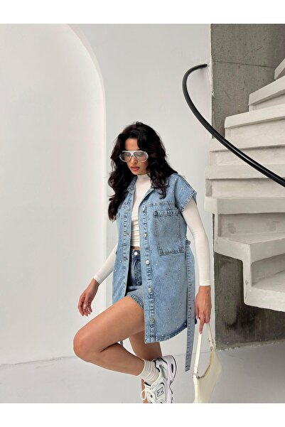 Serica Moda Vestă din denim cu centură Blue Drop Camo