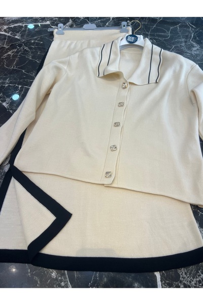 MY QILAM Women's Hijab Top and Bottom Set Striped Shirt Collar Cardigan with Skirt Knitwear Set Ecru