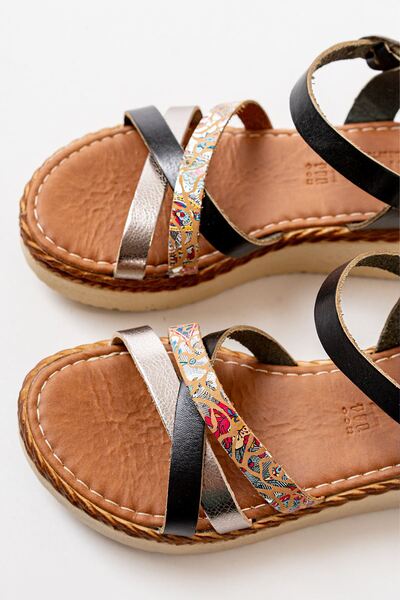 Budi 730-015 Black Garni Orthopedic Genuine Leather Wedge Women's Sandals