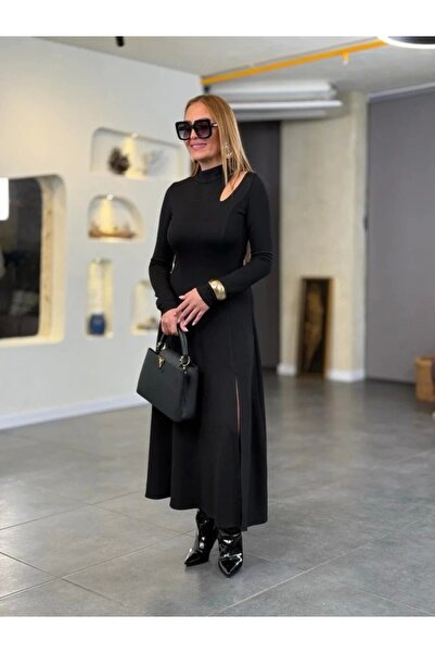 ARONA Mdb Women's Turtleneck Drop Detail Slit Long Viscose Two Thread Maxi Dress